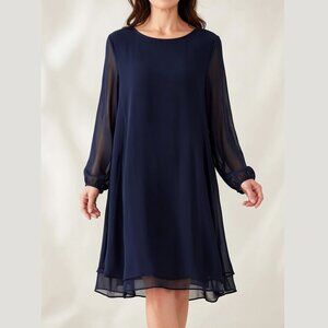 Nine West Navy Chiffon Long Sleeve Dress 14 NWT Wedding Guest Cocktail Modest